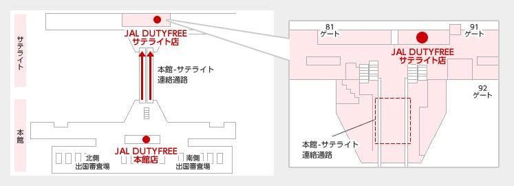 JAL DUTYFREE本館店を出て本館-サテライト連絡通路を進むとJAL DUTYFREE サテライト店があります。